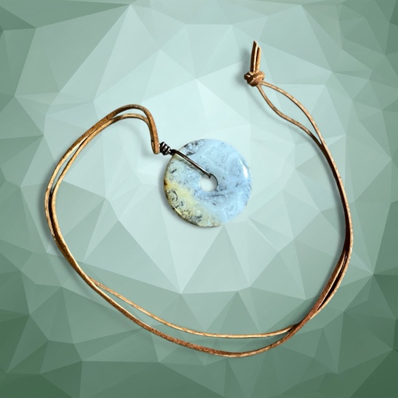 Crazy Lace Agate Pi Disc Donut Pendant on Brown Leather Cord - Picture 9 of 16